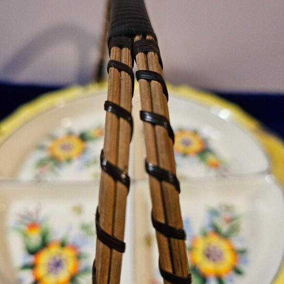 Vintage Ceramic Divided Serving Dish With Floral Design & Wicker Handle - Picture 8 of 16